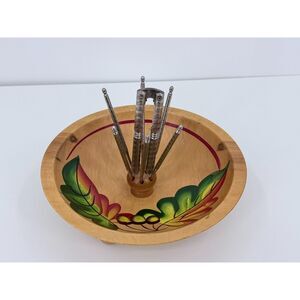 Mid-Century Footed Wooden Nut Serving Bowl Set Autumn Fall Decor Leaf Folk Art